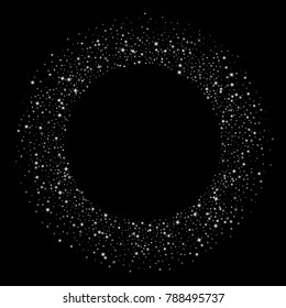 Stars, sprocket, shiny confetti. Scattered little sparkling, flashing silver, gray, glitter elements. Random stellar falling on black background. New Year, Christmas background. Vector illustration.