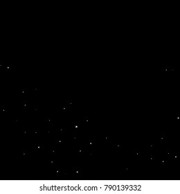 Stars, sprocket, shiny confetti. Scattered little sparkling, flashing silver, gray, glitter elements. Random stellar falling on black background. New Year, Christmas background. Vector illustration.