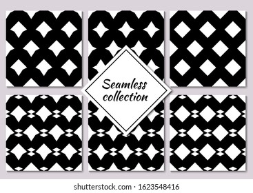 Stars, squares, tiles, checks, rhombuses, diamonds, lozenges, arrowheads seamless patterns collection. Folk prints. Ethnic ornaments set. Tribal wallpapers kit. Geometrical abstract. Vectors bundle.