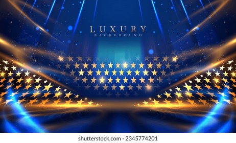 Stars stage with blue light effects element and gold with bokeh decorations on dark scene. Luxury style background. Award ceremony design concept.