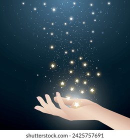 Stars in stary night falling in hand. A abstract astronomy background. A concept for wish fulfilled or daydreaming. Vector illustration.