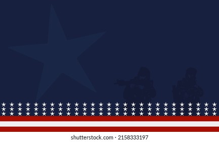stars and stripes background with Silhouette of a veteran soldier, and copy space Area. Suitable to be placed on content with that theme. 