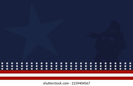 stars and stripes background with Silhouette of a veteran soldier, and copy space Area. Suitable to be placed on content with that theme. 