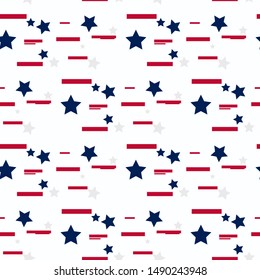 Stars and Stripes Grunge Abstract Seamless Pattern, colored as USA Flag. Vector Illustration of Stars and Stripes Grunge Background for Celebration Holiday American President Day.