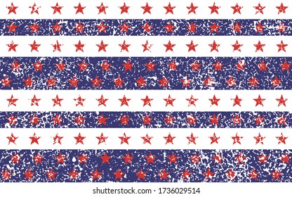 Stars and Stripes Grunge Seamless Pattern, colored as USA Flag. Vector Illustration Stars Distressed Background for Celebration Holiday American President Day, memorial day, 4th of July 