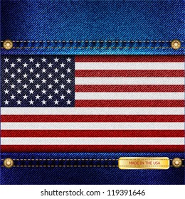 Stars and Stripes motif of denim background with stitch detail and rivets. Made in the USA concept. EPS10 vector format.