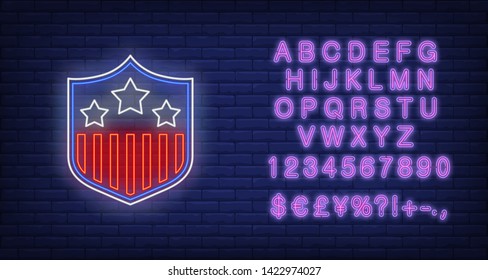 Stars and stripes on shield neon sign. American flag symbols, USA, emblem. Vector illustration in neon style for festive independence day banners, light billboards, 4th July flyers