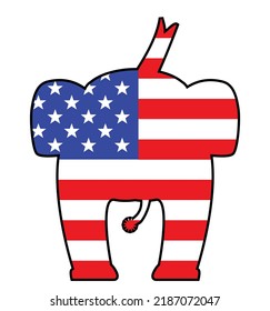 Stars and Stripes Republican elephant in silhouette set over a white background