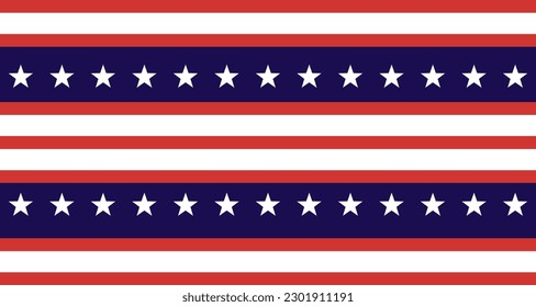 Patrón sin foco de estrellas y tiras, Ilustración vectorial de la bandera de los Estados Unidos. Antecedentes de las festividades rojas, azules, blancas y de líneas, 4 de julio, Día del Presidente de los Estados Unidos, día de la conmemoración