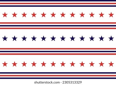 Patrón sin foco de estrellas y tiras, Ilustración vectorial de la bandera de los Estados Unidos. Antecedentes de las festividades rojas, azules, blancas y de líneas, 4 de julio, Día del Presidente de los Estados Unidos, día de la conmemoración