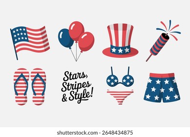 Listras de estrelas e conjunto de estilos. Balão, bandeira, maiô, camisa, sparkler, biquíni, óculos e acessórios projetados para estilo de praia no tema divertido Independência