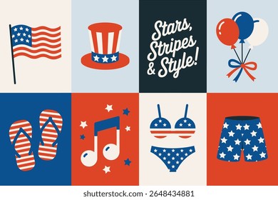 Estrelas listras e estilo quadrado set. Flip flops, notas musicais, biquíni, chapéus, fita, fogo de artifício, roupas de padrão estrela em um padrão de grade de azulejos