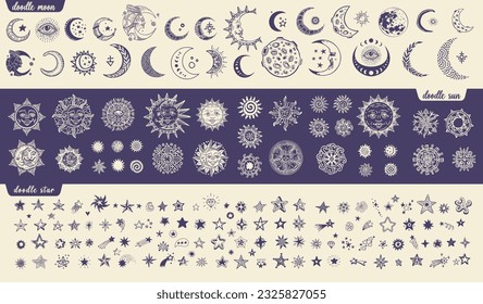 Stars sun and moon hand drawn doodle