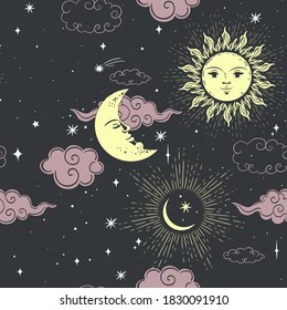 Stars sun and moon seamless pattern. Vector graphics.