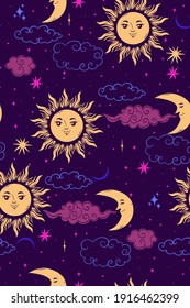 Stars sun and moon seamless pattern. Vector graphics.