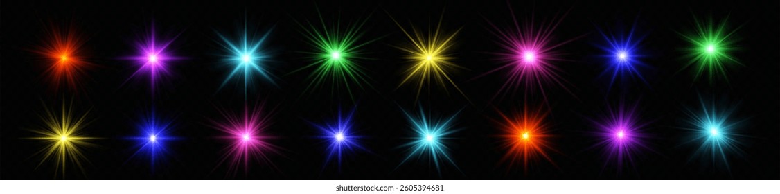 Stars sunlight color flare flash ray glow shine shiny glare effect abstract christmas burst bright background beam blur explosion sparkle transparent illustration design vector glowing magic png
