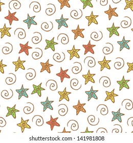 Stars and swirls seamless pattern, vector background