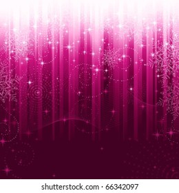 Stars, swirls, snowflakes and wavy lines on purple striped background. A pattern great for festive occasions or christmas themes.