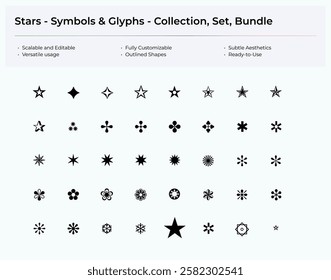 Stars Symbols and Glyphs Collection – Creative Vector Set for UI, Icons, Decoration, and Design Projects