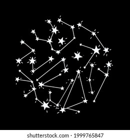 Stars. telescope. a rocket and constellations on dark background. Greeting romatic card.