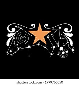 Stars. telescope. a rocket and constellations on dark background. Greeting romatic card.