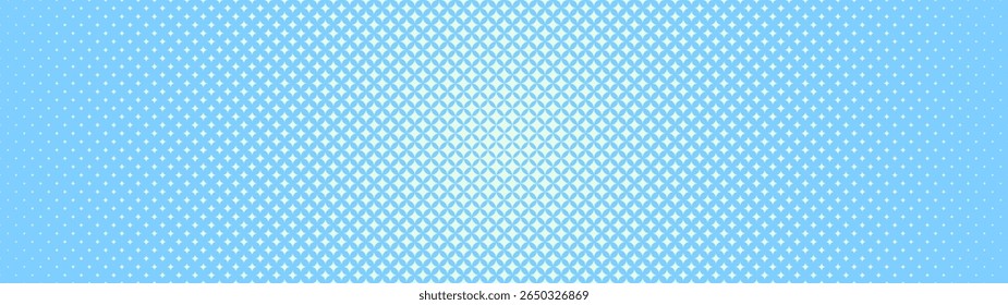 Stars trendy halftone pattern radial gradient ultra wide 32:9 aspect ratio white blue vector abstract background. Half tone graphic twinkle blink grid panoramic ultrawide format light abstraction