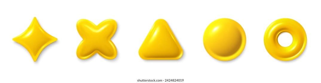 Stars, triangle, circle glossy elements. Set of yellow different 3d shapes. Realistic 3d design cartoon style. Abstract objects for 3d design elements. Yellow golden star. Vector illustration