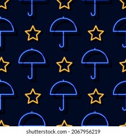 Sterne und Schirmneon nahtloses Muster. Glühender geometrischer Hintergrund. Vektorgrafik für Design, Wickelpapier, Stoff.