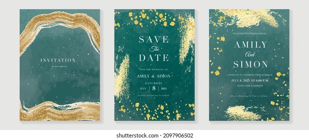 Stars and universe themed wedding invitation vector template collection. Gold and luxury save the dated card with watercolor and gold sparkles and brush texture. Starry night cover design background.