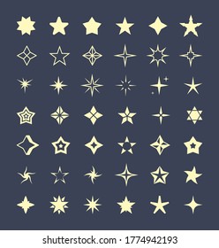 Stars of various shapes set. Abstract graphic design decoration on dark background golden polygon flash art rating gaming bonus life jackpot in casino mystical symbol new hope. Vector magic light.