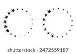 Stars of various sizes arranged in a circle. Round frame, border. Black star shape, simple symbol. Design element, ornament. Vector illustration