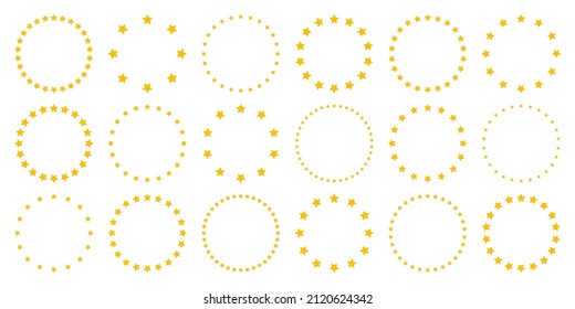 Stars of various sizes arranged in a circle. Round frame, border. Yellow star shape, simple symbol. Design element, ornament. Vector illustration