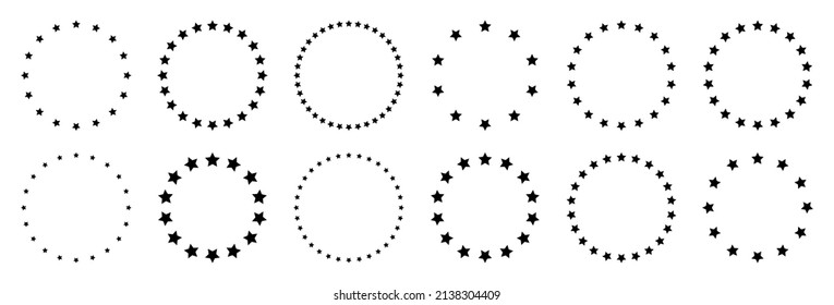 Estrellas de varios tamaños dispuestas en círculo. Marco redondo, borde. Forma de estrella negra, símbolo simple. Elemento de diseño, ornamento. Ilustración del vector