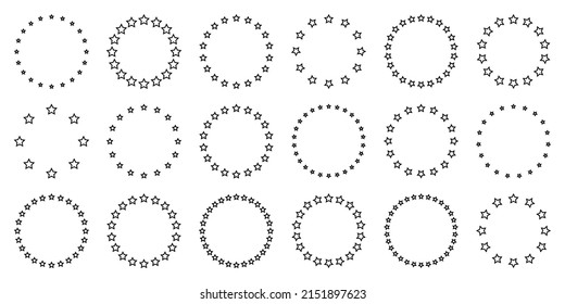 Stars of various sizes arranged in a circle. Round frame, border. Black star outline, simple symbol. Design element, ornament. Line art. Vector illustration