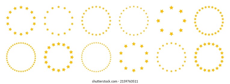Estrellas de varios tamaños dispuestas en círculo. Marco redondo, borde. Forma de estrella amarilla, símbolo simple. Elemento de diseño, ornamento. Ilustración del vector