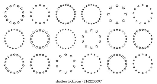 Stars of various sizes arranged in a circle. Round frame, border. Black star outline, simple symbol. Design element, ornament. Line art. Vector illustration