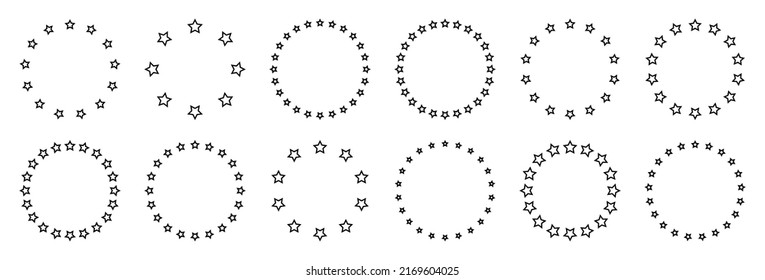 Stars of various sizes arranged in a circle. Round frame, border. Black star outline, simple symbol. Design element, ornament. Line art. Vector illustration