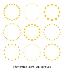 Stars of various sizes arranged in a circle. Round frame, border. Yellow star shape, simple symbol. Design element, ornament. Vector illustration