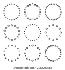 Stars of various sizes arranged in a circle. Round frame, border. Black star outline, simple symbol. Design element, ornament. Line art. Vector illustration