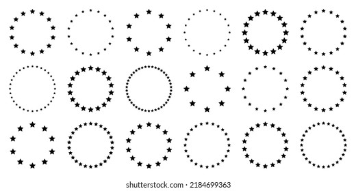 Stars of various sizes arranged in a circle. Round frame, border. Black star shape, simple symbol. Design element, ornament. Vector illustration