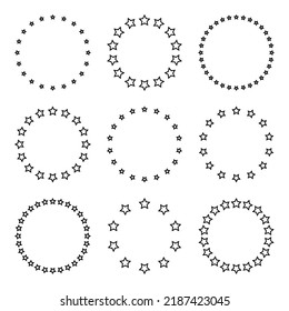 Stars of various sizes arranged in a circle. Round frame, border. Black star outline, simple symbol. Design element, ornament. Line art. Vector illustration