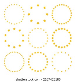 Stars of various sizes arranged in a circle. Round frame, border. Yellow star shape, simple symbol. Design element, ornament. Vector illustration
