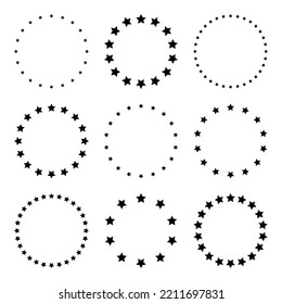 Stars of various sizes arranged in a circle. Round frame, border. Black star shape, simple symbol. Design element, ornament. Vector illustration