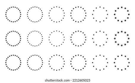 Stars of various sizes arranged in a circle. Round frame, border. Design element, ornament. Black star shape, simple symbol. Vector illustration.