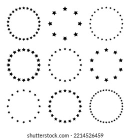 Stars of various sizes arranged in a circle. Round frame, border. Black star shape, simple symbol. Design element, ornament. Vector illustration