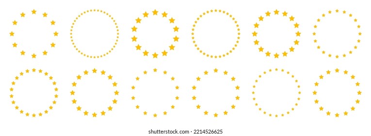 Stars of various sizes arranged in a circle. Round frame, border. Yellow star shape, simple symbol. Design element, ornament. Vector illustration