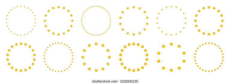 Stars of various sizes arranged in a circle. Round frame, border. Yellow star shape, simple symbol. Design element, ornament. Vector illustration