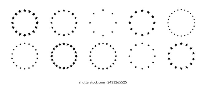 Stars of various sizes arranged in circle. Design element, ornament. Star circle vector. Black star shape, simple symbol. Vector illustration