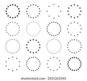 Stars of various sizes arranged in circle. Design element, ornament. Star circle vector. Black star shape, simple symbol. Vector illustration