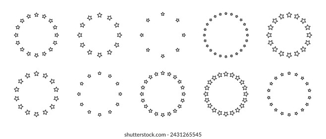 Estrellas de varios tamaños dispuestas en círculo. Elemento de diseño, adorno. Vector de círculo de estrellas. Forma de estrella negra, símbolo simple. Ilustración de vector